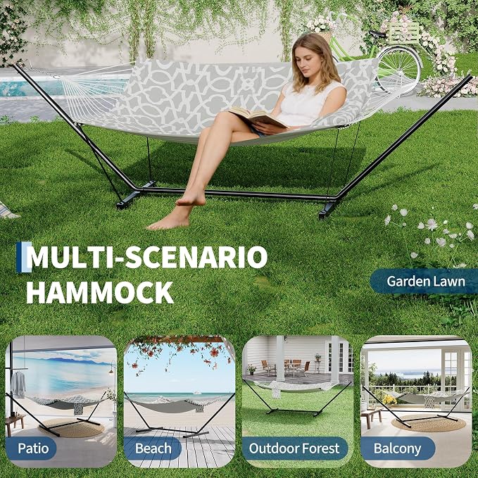 2 Person Double Hammock with Stand & Pillow, 450 LBS Heavy Duty Outdoor Hammock with Balance Rope, Weather Resistant Portable Hammock for Patio Backyard Poolside Camping