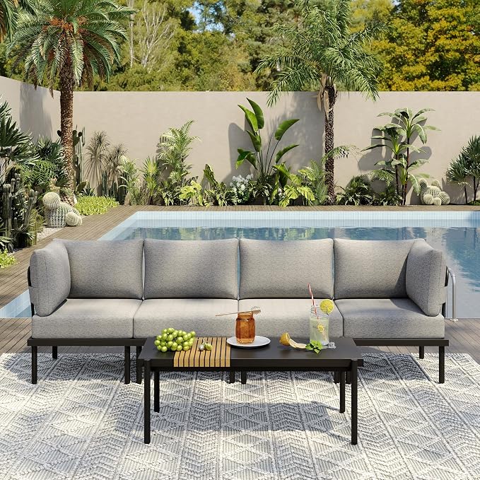 Sundale 5 Pieces Outdoor Patio Furniture Set, Metal Sectional Sofa Patio Conversation Set with Coffee Table, Modern Patio Corner Couch for Balcony, Porch, Sunroom