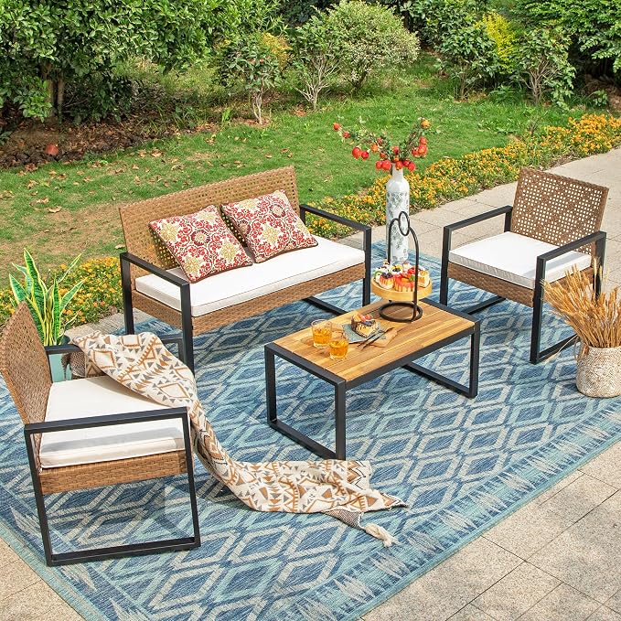 Sophia & William 4 Pieces Patio Conversation Set, Wicker Outdoor Furniture Set for 4, All Weather Outdoor Seating Set, Rattan Loveseat & Single Chairs with Cushions & Acacia Wood Coffee Table