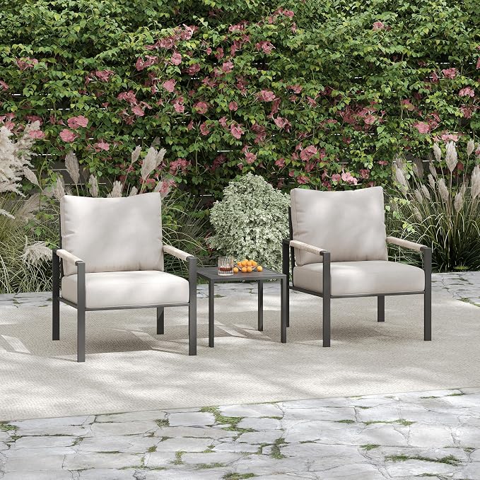 3 Pieces Rattan Outdoor Furniture Set, All-Weather Patio Conversation Set with Warm Grey Cushions and Coffee Table for Garden, Backyard, Balcony, Poolside