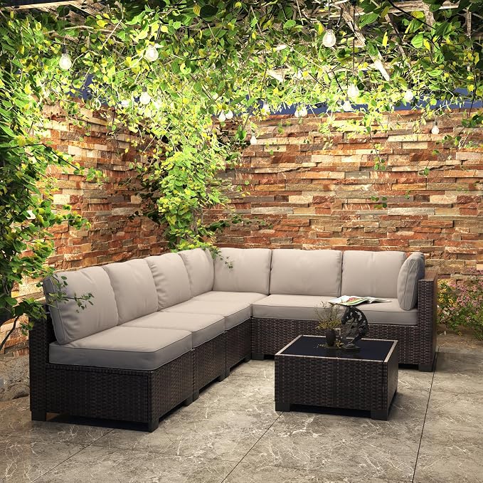 7 Piece Patio Furniture Set, Outdoor Modular Wicker Sectional Couch with Tempered Glass Coffee Table, All-Weather Rattan Conversation Set with Washable Cushions for Backyard, Garden, Deck