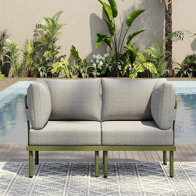 Sundale Outdoor 2 Pieces Metal Patio Furniture Set, Outdoor Sectional Sofa w/6 Inch Olefin Cushion, Modern Outdoor Conversation Sets for Porch, Balcony (Grey/Green)