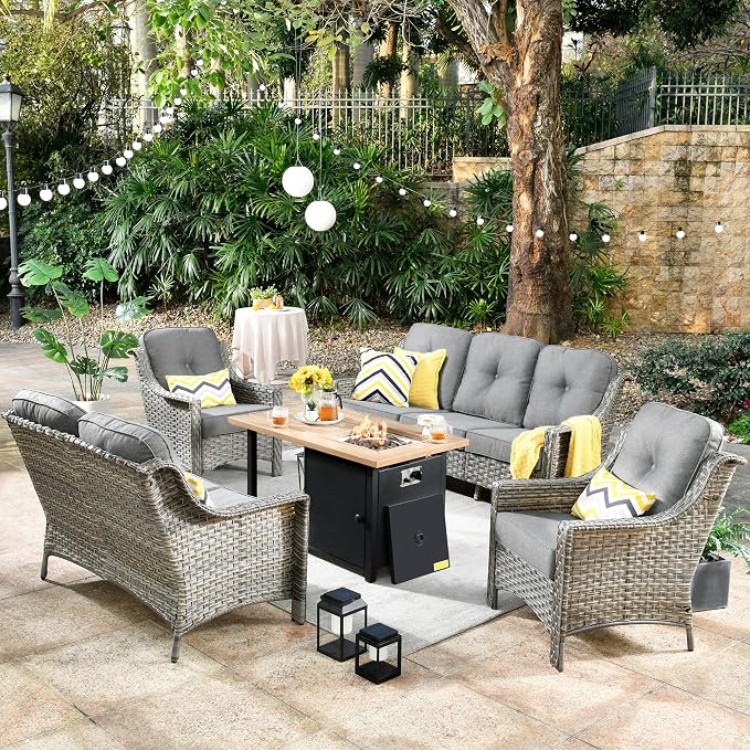 HOOOWOOO 5 Piece Patio Set with Fire Pit Table, All Weather Resistant High Back Rattan Outdoor Wicker Furniture (Dark Grey)