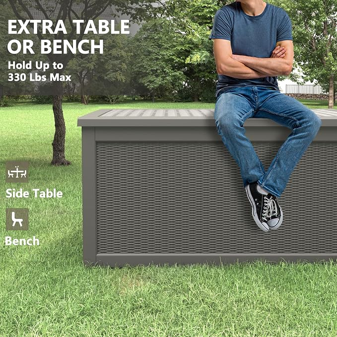 Bifanuo Outdoor Storage Box, 300 Gallon Deck Boxes Waterproof, Resin Storage Cabinet Multi Functional Storage Bench For Gardening Tools, Pool Supplies, Patio Furniture, Lockable