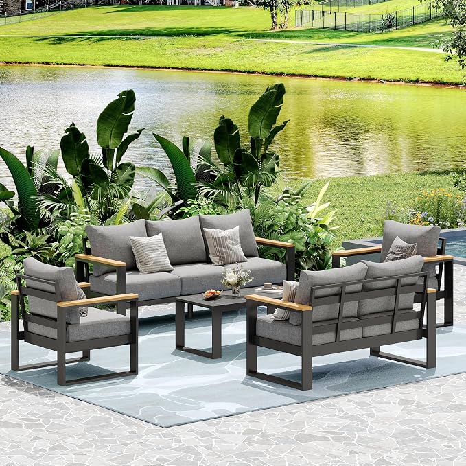 Aluminum Patio Furniture Set, 5 Piece Metal Outdoor Furniture Set with 6″ Thick Washable Cushions & Coffee Table, All Weather Patio Conversation Sets for Yard, Poolside, Garden (Grey)