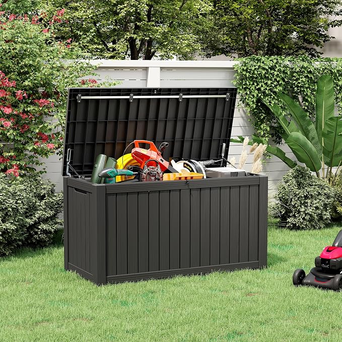 KAMABOKO Outdoor Storage Box, 180 Gallon Large Outdoor Resin Deck Box, Storage Waterproof Boxes Lockable Lid for Garden Tools, Pool Supplies, Patio Furniture and Cushions, Black