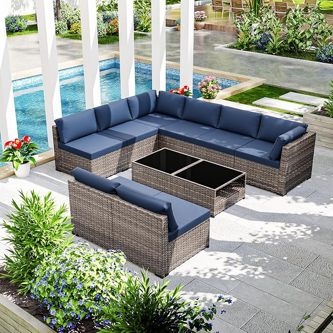 Joyside 10-Piece Patio Furniture Set, Rattan Outdoor Sectional Wicker Patio Conversation Set with Cushions and Coffee Table