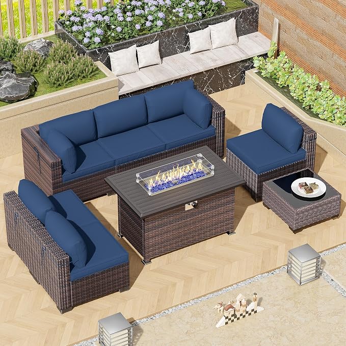 8 Pieces Outdoor Patio Furniture Set,Outdoor Sectional Furniture with 43" 55000 BTU Gas Propane Fire Pit Table,All Weather PE Rattan Wicker Patio Conversation Set,Navy Blue