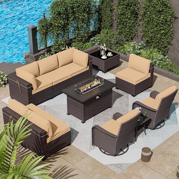 11 Pieces Patio Furniture Set with 2 Swivel Chairs Patio Furniture Outdoor Sectional Sofas with 55000 Gas Fire Pit Patio Conversation Set w/7 Cushions-Brown
