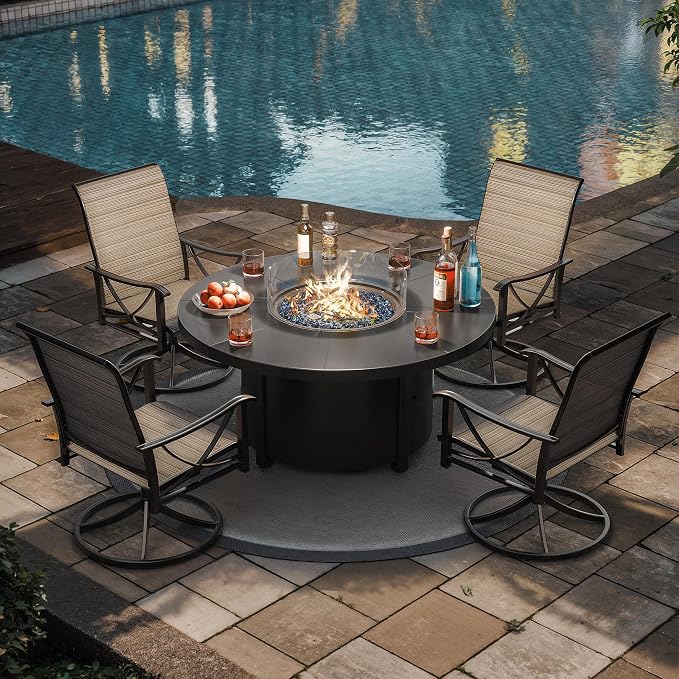 Kurapika 5 Piece Outdoor Conversation Sets, Patio Furniture Set, 4 Textilene Fabric Swivel Chairs and w/48in Propane Round Fire Pit Table for Deck Garden Backyard Porch,Brown