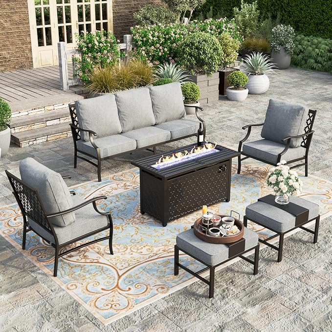HERA'S HOUSE 6 Pieces Patio Furniture Set with Fire Pit Table, 2 x Single Chair, 2 x Ottoman, 3-Seat Sofa with 45" Fire Pit Table, Outdoor Conversation Set for Garden Poolside Backyard, Grey