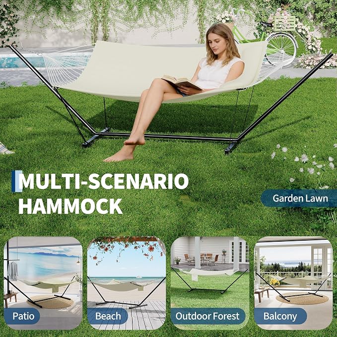 2 Person Hammock with Stand for Outside, Double Hammock with Stand and Pillow, Max 450 Lbs Capacity with Balance Rope, Large Hammock for Outdoor Patio Backyard Poolside