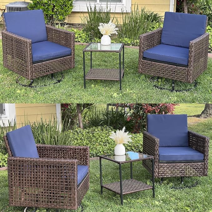 YITAHOME 3 Pieces Patio Set w/2.8" Thick Cushions, All Weather Swivel Patio Furniture Set w/Wicker Rocking Chairs & Rattan Side Table for Backyard Deck Poolside, Blue