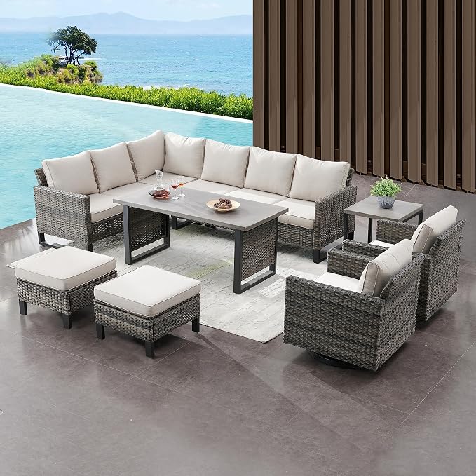Belord Outdoor Sectional Sofa 6 Seater L Shaped Couch Wicker Patio Conversation Furniture Set Rattan Outdoor Furniture with Removable Washable Cushion Beige
