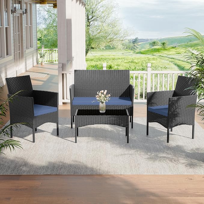 Kurapika Patio Furniture Set 4 Pieces Outdoor Wicker Rattan Chairs Conversation Sets w/Coffee Table, Rocking Bistro Set, for Patio Lawn Backyard (Navy Blue)