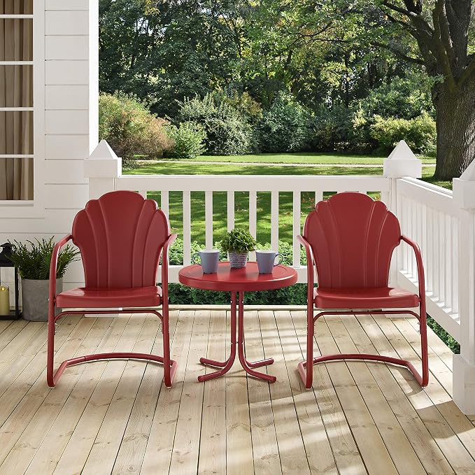Crosley Furniture Tulip 3-Piece Outdoor Chair and Side Table Set, Retro Metal Patio Conversation Sets, Red