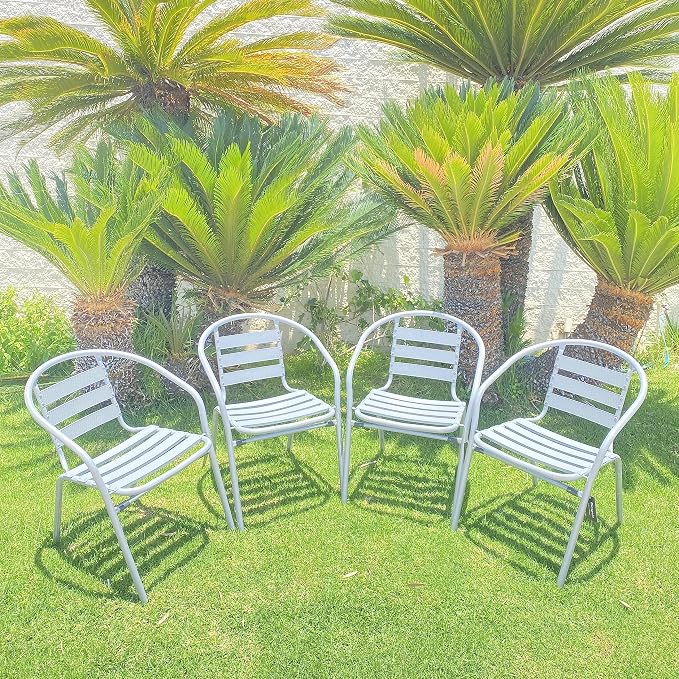 BTEXPERT Indoor Outdoor 27.5" Square Restaurant Table Stainless Steel Silver Aluminum + 4 Silver Gray Metal Aluminum Slat Stack Chairs Commercial