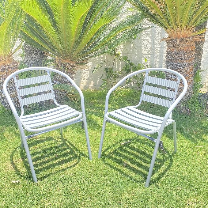 BTEXPERT Indoor Outdoor Restaurant Stainless Steel Aluminum + 2 Silver Gray Metal Slat Stack Commercial Lightweight, 2 Chairs with a 27.5" Square Table