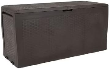 70 Gallon Outdoor Deck Storage Box, Dark Brown, Rattan Style, Lockable Lid, Wheels, All-Weather, 46 x 22.4 x 17.7 in