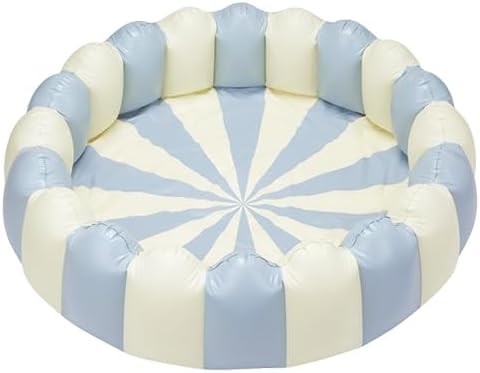 Petites Pommes Striped Inflatable Kids Pool for Toddlers - Handprinted Classic Foldable Swimming Pool - Durable, BPA-Free PVC Kiddie Pools with Repair Patch & Storage Bag, Light Blue, 63 x 18 Inch