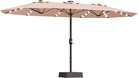 TrailBlaze 15FT Patio Umbrella With Base and Solar Lights, Outdoor Large Patio Double-Sided Market Umbrella With Crank Handle, UV Protection, for Lawn Deck Backyard Pool