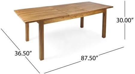 7-Piece Outdoor Patio Expandable Dining Table Set, All-Weather Acacia Wood Dinning Set with 6 Armchair and Cushions for Garden Backyard Balcony Deck Poolside (Blue Cushions+Teak)