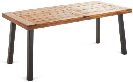 Acacia Wood Dining Set - Teak Finish Table + 6 Chairs with Cream Cushions, Rustic Metal Legs, for Outdoor Patio, Garden, Poolside, Indoor Use - Set of 7, Modern Coastal Style (Style4)