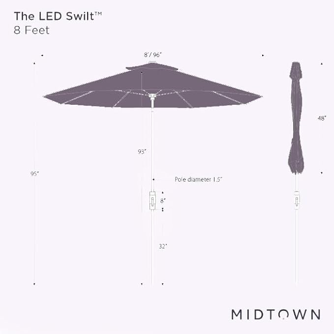 Midtown Umbrellas The LED Swilt 8 Feet Patio Umbrella With Terylast Pear (Green) Polyester Fabric - Auto-Tilt Aluminum Frame With LED Lights For Backyard, Deck, Garden, Pool - Black Pole