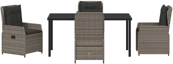 Afuera Living Contemporary 5 Piece Poly Rattan Garden Dining Set, Gray Finish, Tempered Glass Table, Adjustable Backrest Chairs, Weather-Resistant Patio Furniture for Outdoor Dining