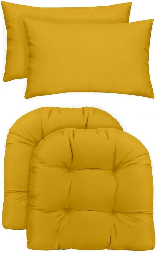 RSH DECOR: Tufted U-Shapes & Lumbars 2 of Each | 19” x 19” & 20" x 12" | Water-Resistant Spun Fabric | Outdoor Wicker Cushions & Support Pillows for Patio Furniture | Yellow