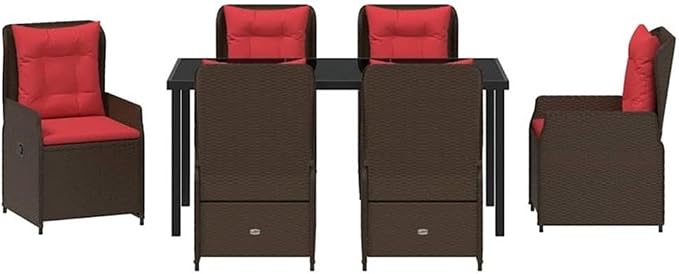 Afuera Living 7 Piece Poly Rattan Patio Dining Set, Brown Finish, Weather-Resistant Material, Powder-Coated Steel Frame, Adjustable Armrests, Seating for 6, Modern Outdoor Garden or Poolside Furniture