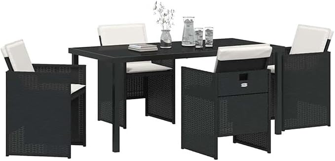 Afuera Living 5 Piece Poly Rattan Patio Dining Set, Black, UV-Resistant Outdoor Cushions, Tempered Glass Tabletop, Powder-Coated Steel Frame, Foldable Chairs for Garden, Patio, or Outdoor Dining
