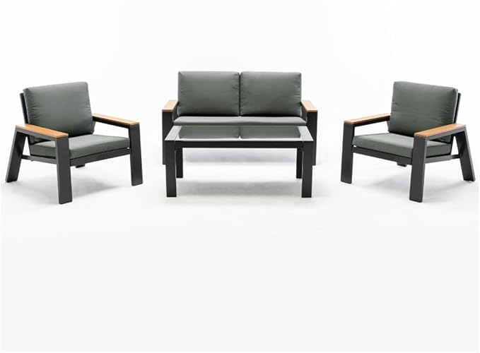 Metal 4- Person Seating Group with Cushions, Double Chair, Two Single Chairs, Glass Table, Suitable for Balconies