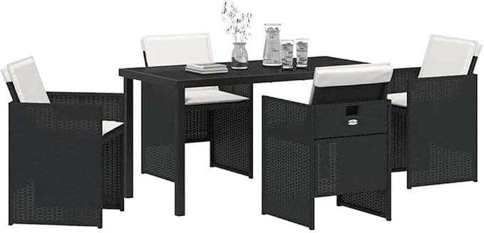 Afuera Living 5-Piece Poly Rattan Patio Dining Set, Black Finish, Tempered Glass Tabletop, Powder-Coated Steel Legs, Foldable Chairs with Weather-Resistant Cushions, Modern Outdoor Furniture for