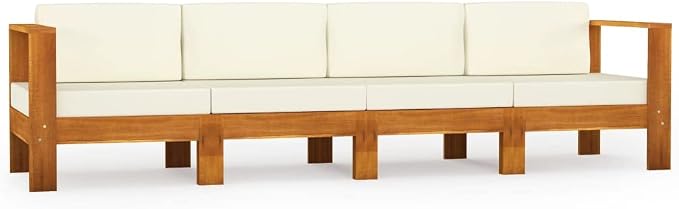 4-Seater Patio Sofa with Cream White Cushions,Outdoor Couch,Patio Bar Set,Modern Outdoor Furniture,Dining Bench with Back,Bistro Set,for Patio Deck Garden,Backyard & Lawn,Solid Acacia Wood