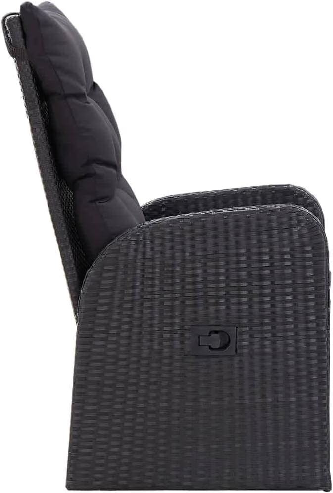 7-Piece PE Rattan Patio Dining Set with Reclining Chairs, Black | Includes 6 cushioned chairs and 1 dining table, designed for outdoor use in backyards, decks, and poolsides.