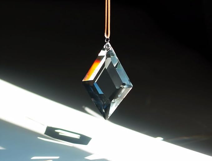 2PCS Rhombus Crystal Suncatcher Prisms for Windows (Rhombus Clear) | Clear, K9 Glass, Rainbow Maker, with Hooks & Cord