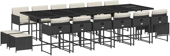17-Piece Outdoor Dining Set, PE Rattan Patio Furniture for 16 People, Garden Table and Chairs with Cushions, Black and Cream White