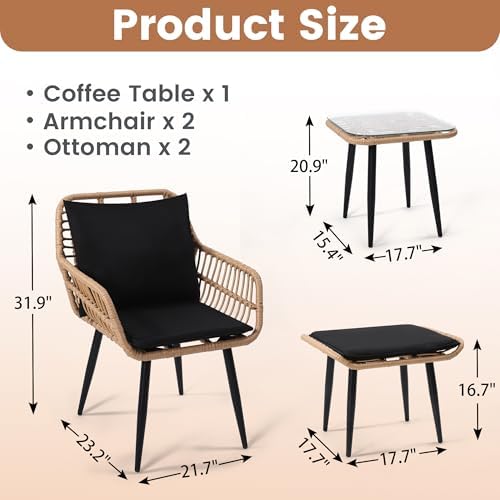 5-Piece Wicker Patio Furniture Set - 2 Chairs, 2 Ottomans & Side Table - Stylish, Durable Outdoor Seating for Porch, Balcony, Deck & Backyard - Natural Finish