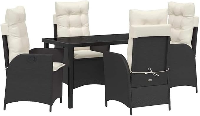 Afuera Living 5-Piece Poly Rattan Garden Dining Set, Black Finish, Glass Tabletop, Cushioned Seats, Ergonomic Design, Weather-Resistant, Modern Patio Furniture for Outdoor Dining or Gatherings