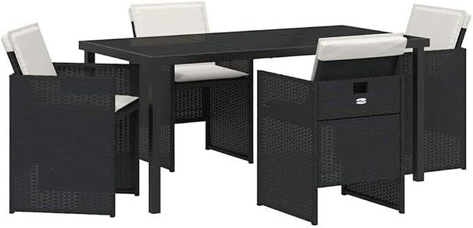 Afuera Living 5-Piece Poly Rattan Garden Dining Set, Black Finish, Metal Frame and Tempered Glass Tabletop, Modern Patio Furniture for Outdoor Meals, Weather-Resistant Seating for 4