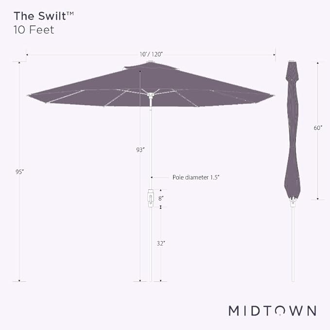 Midtown Umbrellas – The Swilt 10 Ft Patio Umbrellas with 360° Swivel & Tilt Mechanism, 8 Fiberglass Ribs & Terylast Polyester Fabric for Backyard, Deck, Pool & Cafes - Ebony Canopy, Black Pole