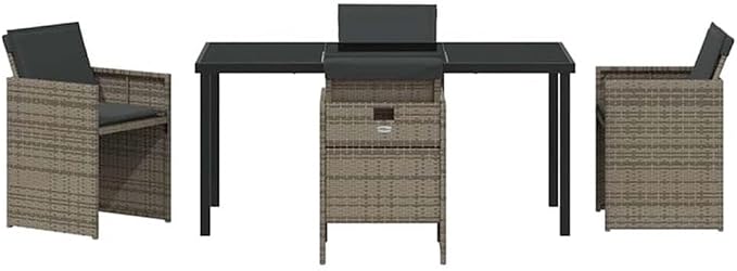 Afuera Living 5 Piece Poly Rattan Patio Dining Set, Gray, Tempered Glass Table, Powder-Coated Steel Legs, Weather-Resistant Cushions, Modern Design for Outdoor Garden or Patio Dining