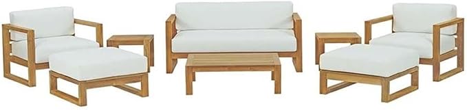 Pemberly Row 8-Piece Teak Patio Sofa Set, Natural Wood and White Finish, Includes Sofa, Armchairs, Ottomans, Coffee Table and Side Tables, Modern Outdoor Furniture with Washable Cushions