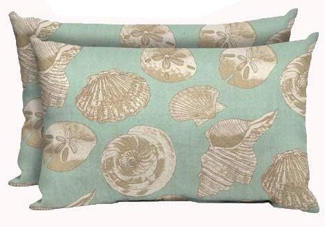 Comfort Classics Inc. (Set of 2 Indoor/Outdoor Lumbar Pillows in Polyester Light Blue with Yellow Seashells 10x18x4