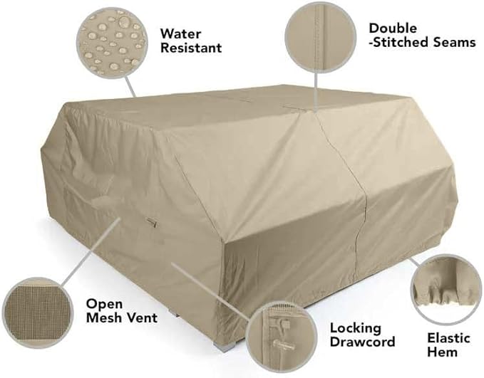 Covermates Elite Outdoor Picnic Table Cover – All-Weather Water-Resistant Polyester, Mesh Ventilation, Adjustable Drawcord & Buckle Straps for Patio Furniture Protection, 76W x 62D x 32H, Khaki