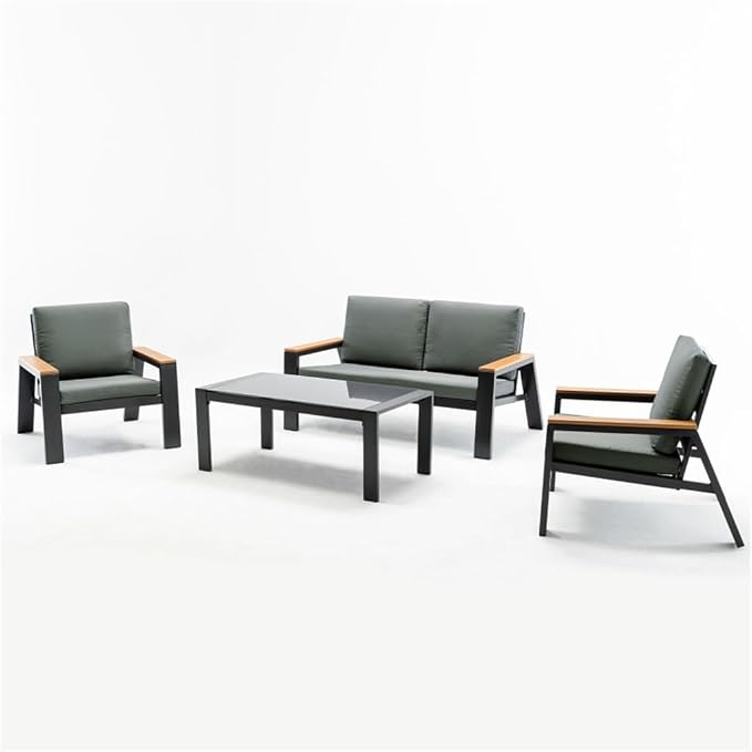 Metal 4- Person Seating Group with Cushions, Double Chair, Two Single Chairs, Glass Table, Suitable for Balconies
