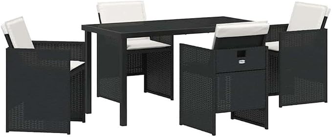 Afuera Living 5-Piece Poly Rattan Patio Dining Set, Black Finish, Tempered Glass Tabletop, Powder-Coated Steel Legs, Foldable Chairs with Weather-Resistant Cushions, Modern Outdoor Furniture for