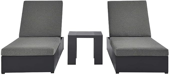Modway Tahoe Aluminum Outdoor Patio Set of 2 Chaise Side Gray Charcoal, 3-Piece Set of Pool Lounge Chairs and Accent Table for Backyard Furniture