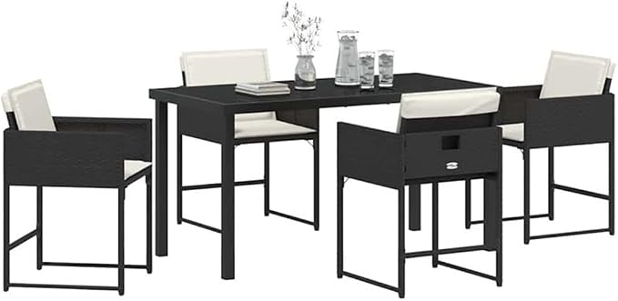 Afuera Living 5 Piece Poly Rattan Garden Dining Set, Black Finish, Glass Tabletop, Durable Steel Frame, Weather-Resistant Woven Texture, Cushioned Chairs, Modern Outdoor Patio or Balcony Furniture Set